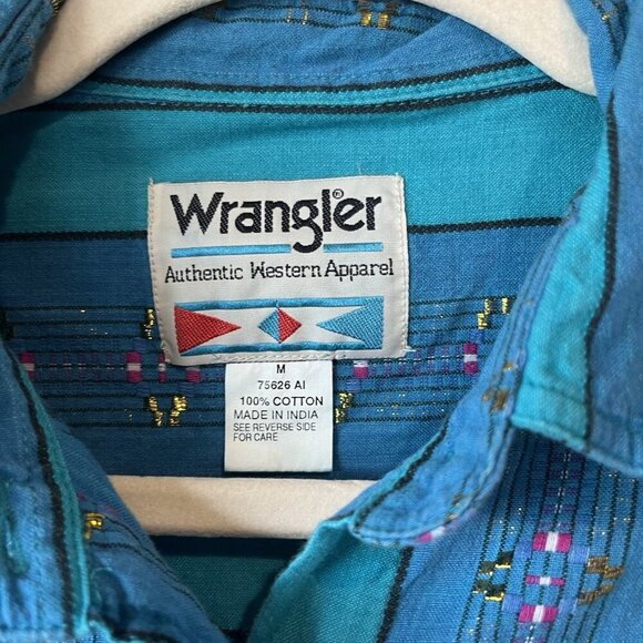 Vintage Wrangler Women’s Shirt Button Aztec Blue cowgirl Cowboy Western Rodeo M - Picture 6 of 7